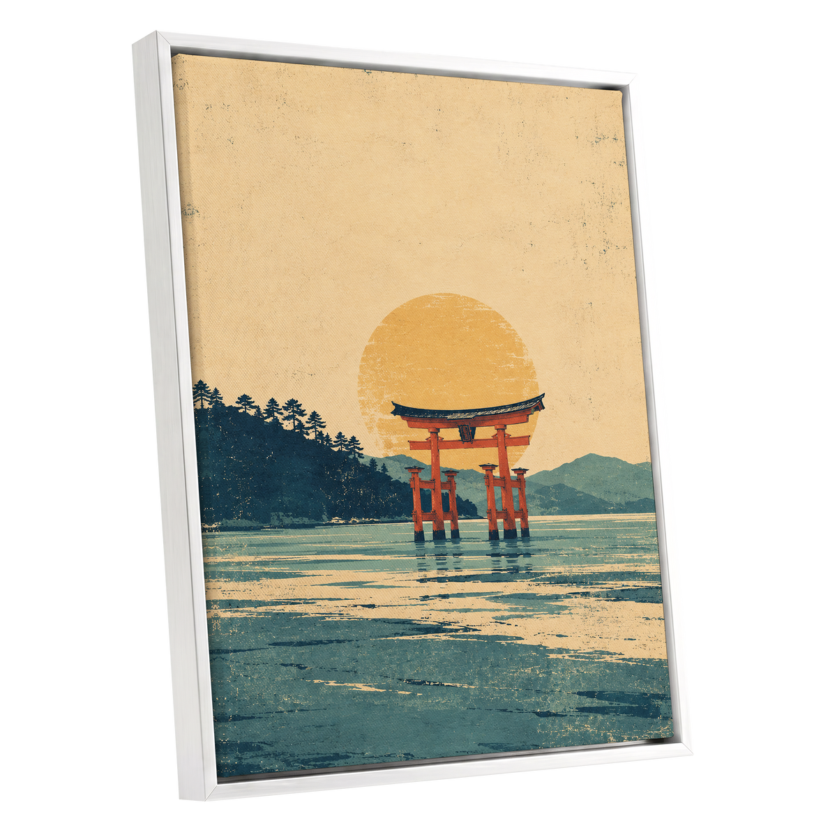 The Amber Torii, beige, gold, blue nature wall art shown as a white framed canvas wall art