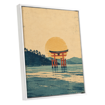The Amber Torii, beige, gold, blue nature wall art shown as a white framed canvas wall art