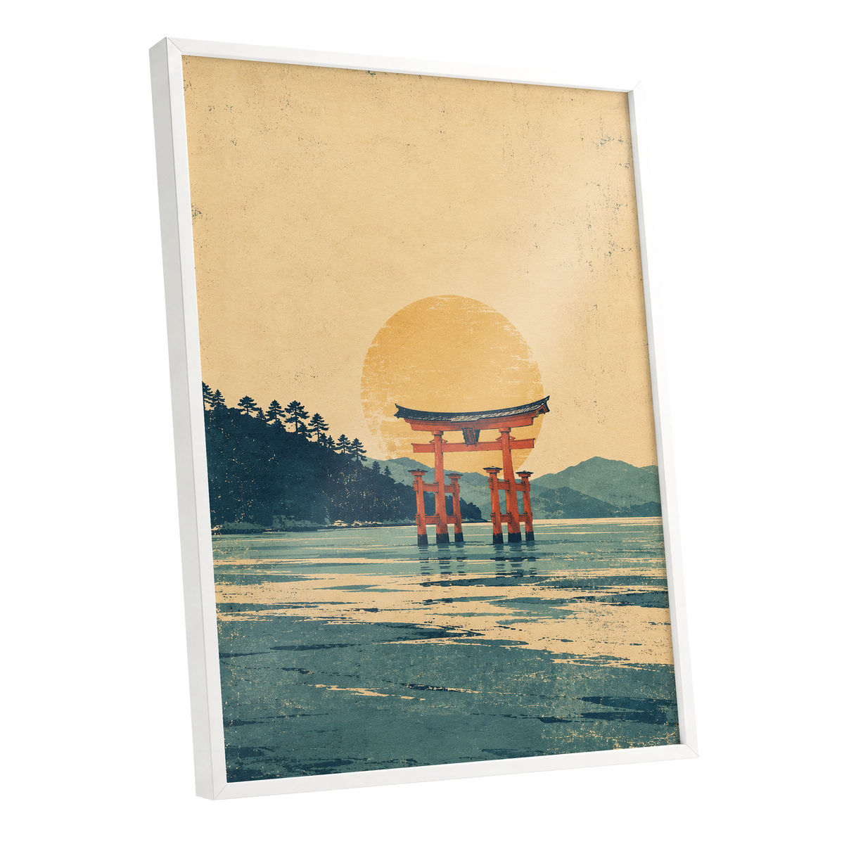 The Amber Torii, beige, gold, blue nature wall art shown as a white framed poster wall art print