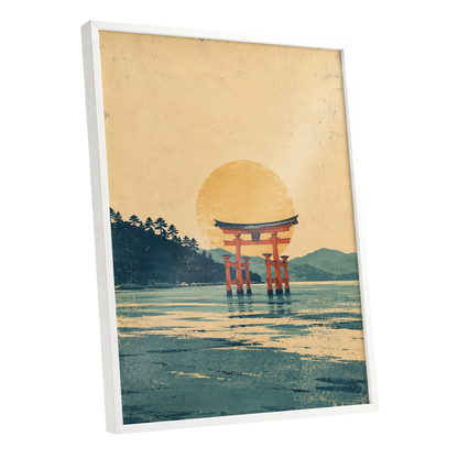 The Amber Torii, beige, gold, blue nature wall art shown as a white framed poster wall art print