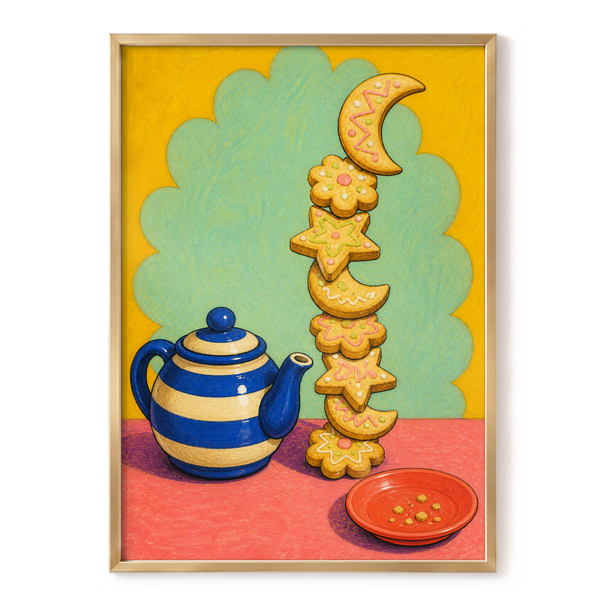 The Biscuit Balancing Act, yellow, green, blue abstract wall art, front artwork view