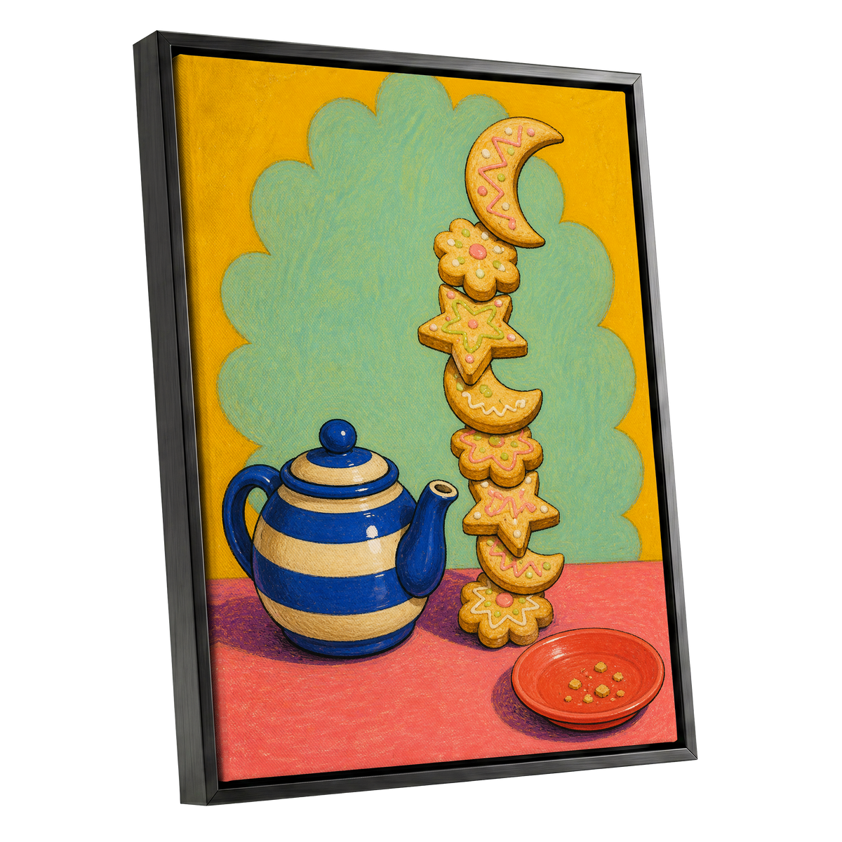 The Biscuit Balancing Act, yellow, green, blue abstract wall art shown as a black framed canvas wall art