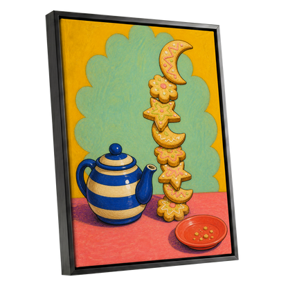 The Biscuit Balancing Act, yellow, green, blue abstract wall art shown as a black framed canvas wall art