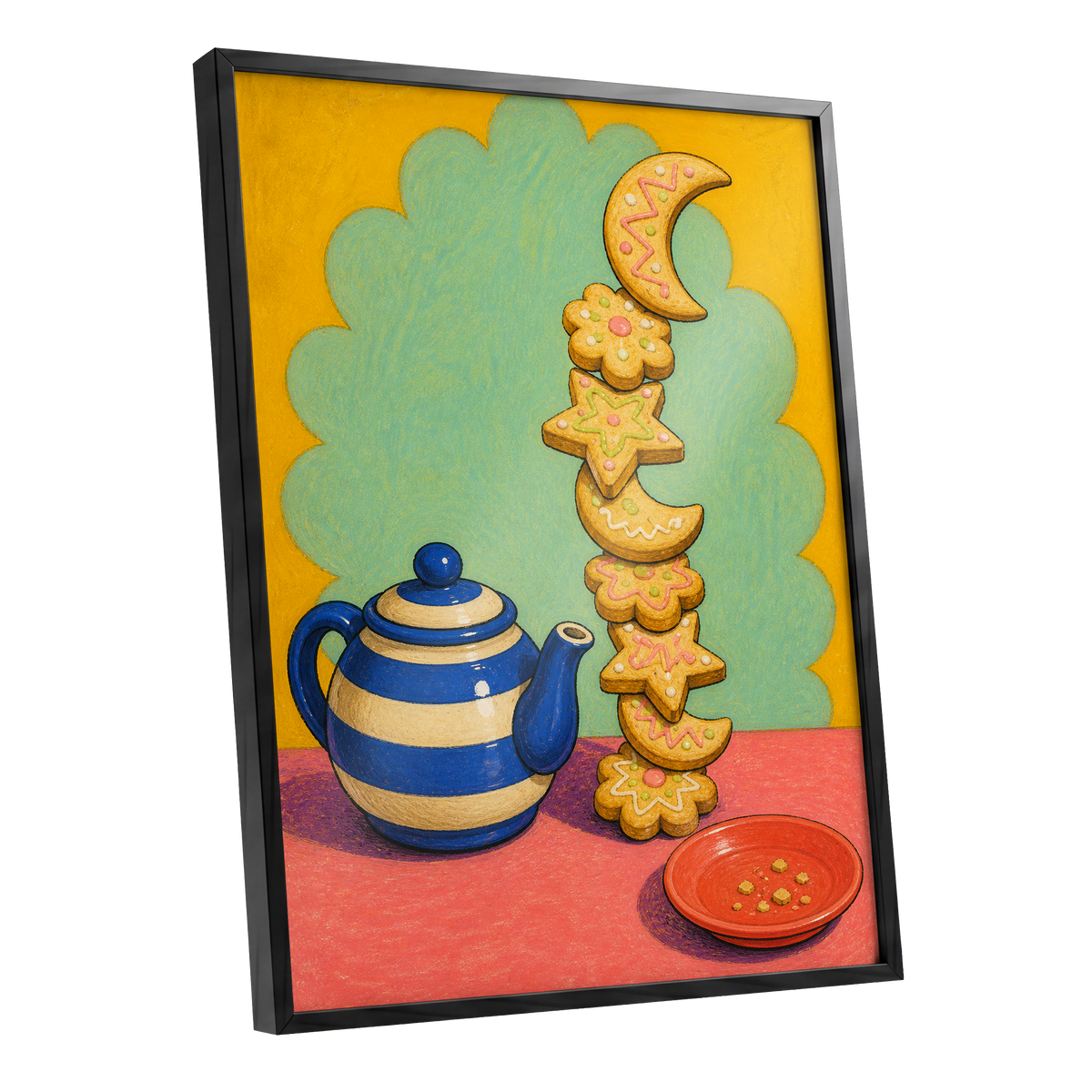The Biscuit Balancing Act, yellow, green, blue abstract wall art shown as a black framed poster wall art print