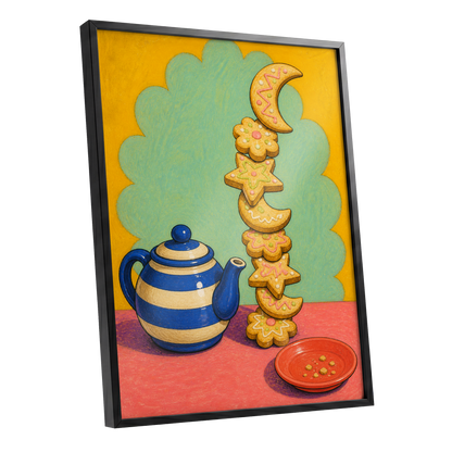 The Biscuit Balancing Act, yellow, green, blue abstract wall art shown as a black framed poster wall art print
