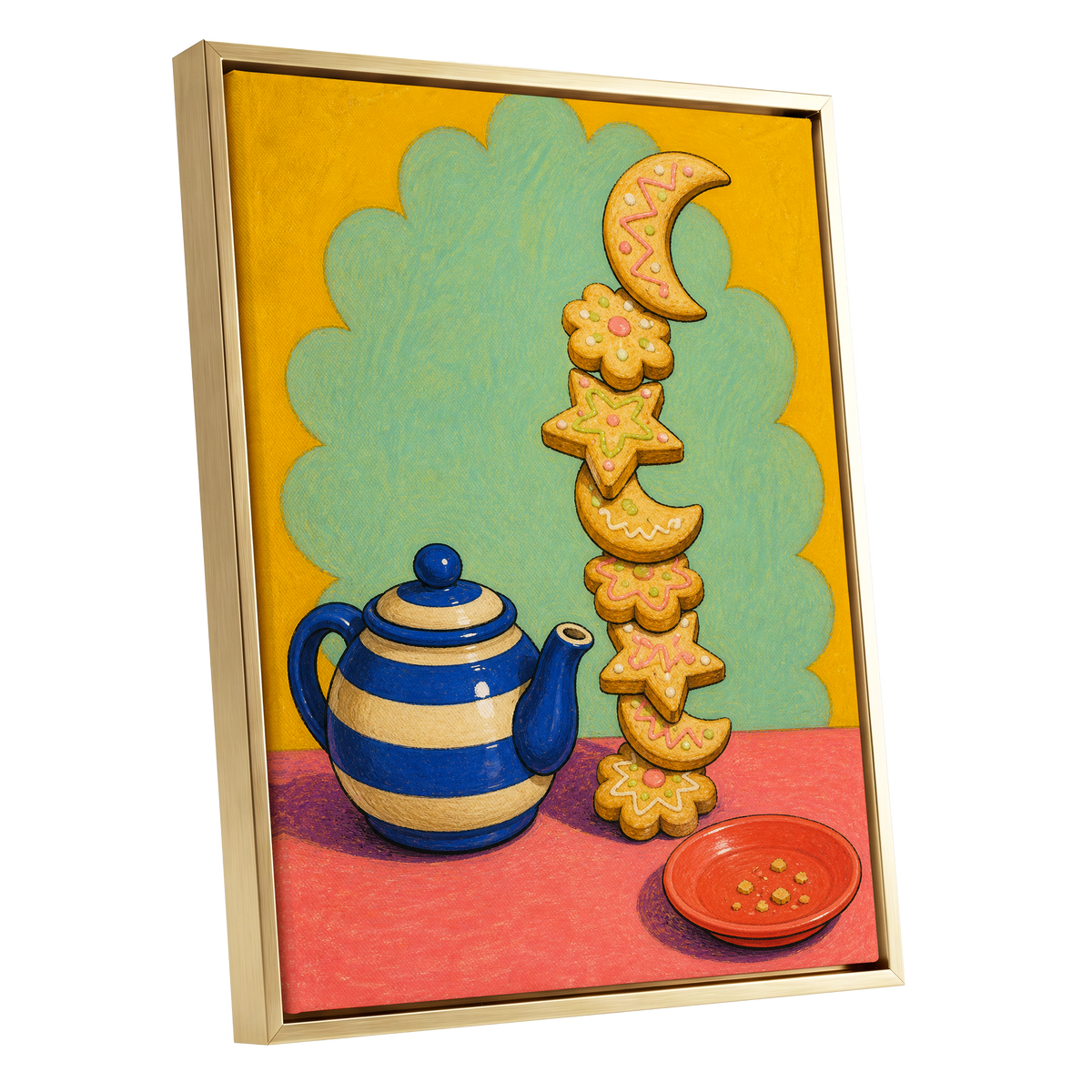 The Biscuit Balancing Act, yellow, green, blue abstract wall art shown as a gold framed canvas wall art