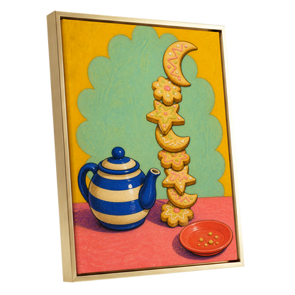 The Biscuit Balancing Act, yellow, green, blue abstract wall art shown as a gold framed canvas wall art