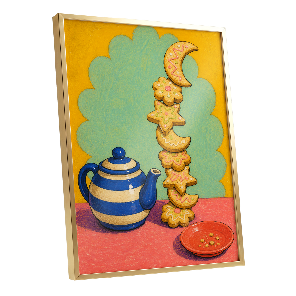 The Biscuit Balancing Act, yellow, green, blue abstract wall art shown as a gold framed poster wall art print