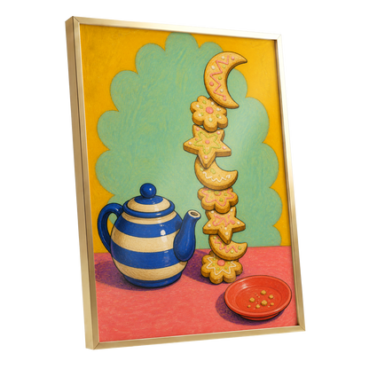 The Biscuit Balancing Act, yellow, green, blue abstract wall art shown as a gold framed poster wall art print