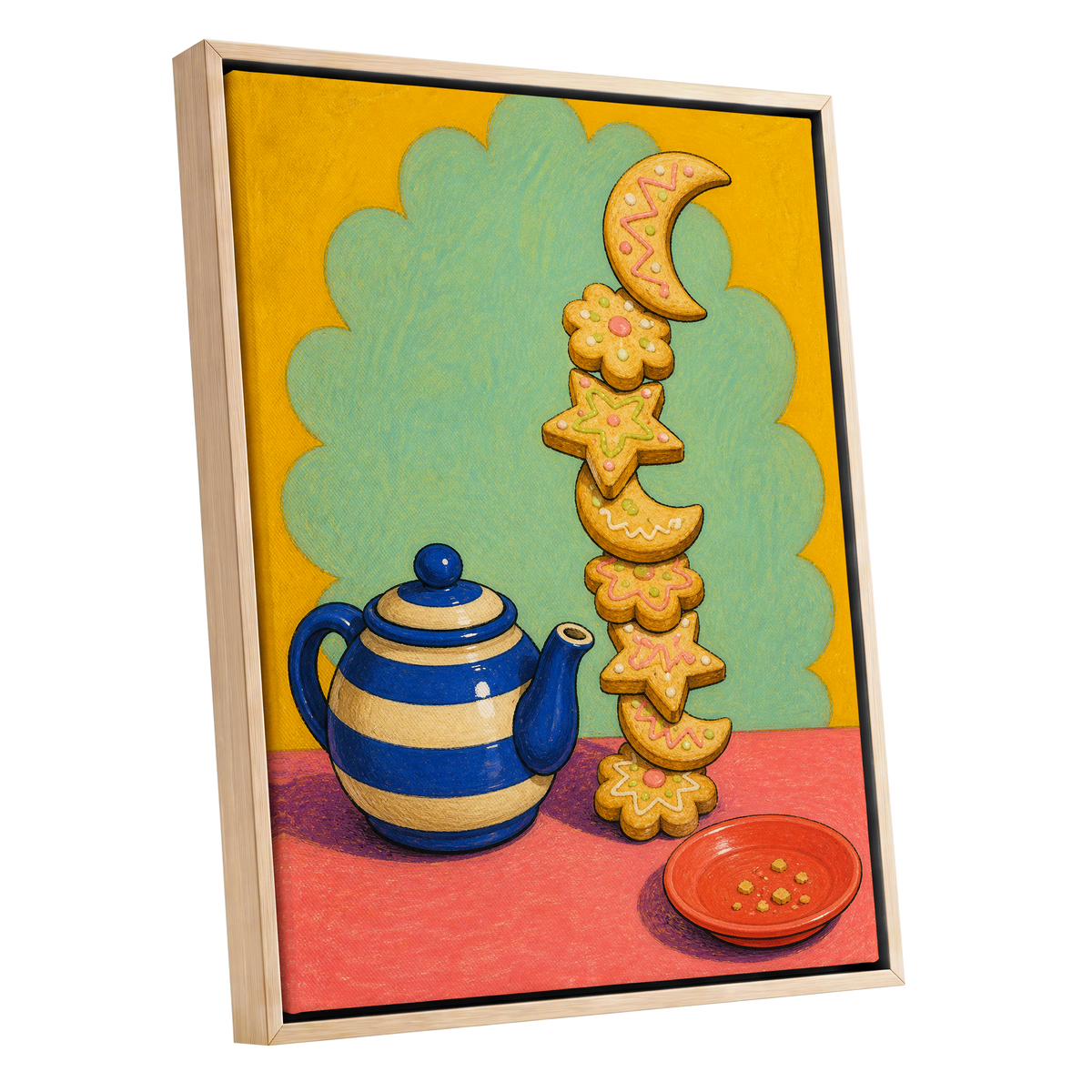The Biscuit Balancing Act, yellow, green, blue abstract wall art shown as a oak framed canvas wall art