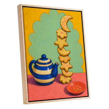 The Biscuit Balancing Act, yellow, green, blue abstract wall art shown as a oak framed canvas wall art