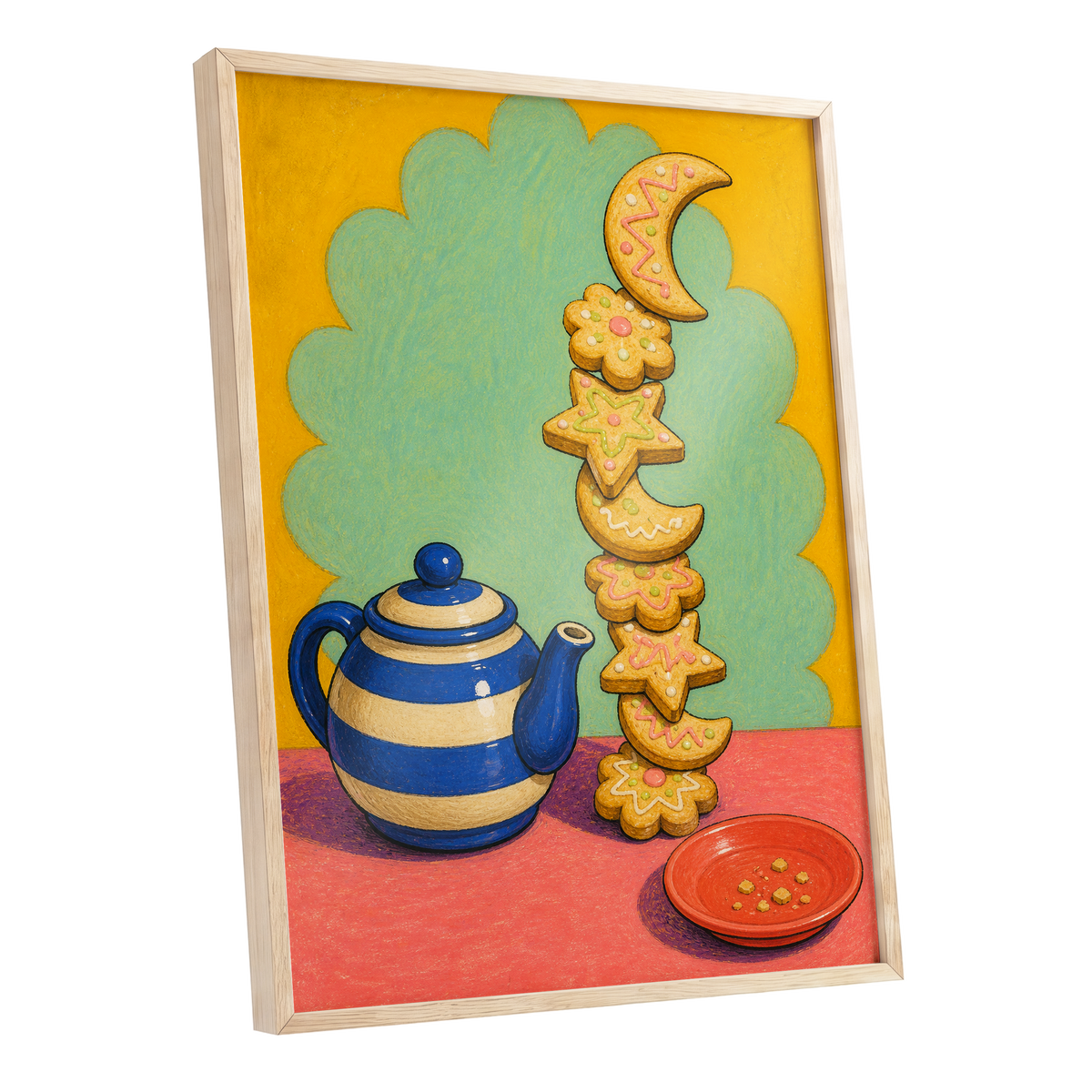 The Biscuit Balancing Act, yellow, green, blue abstract wall art shown as a oak framed poster wall art print