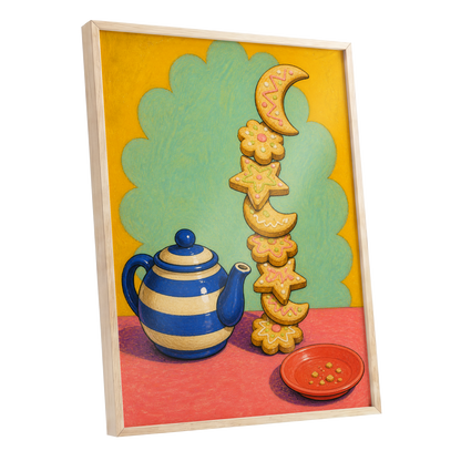 The Biscuit Balancing Act, yellow, green, blue abstract wall art shown as a oak framed poster wall art print