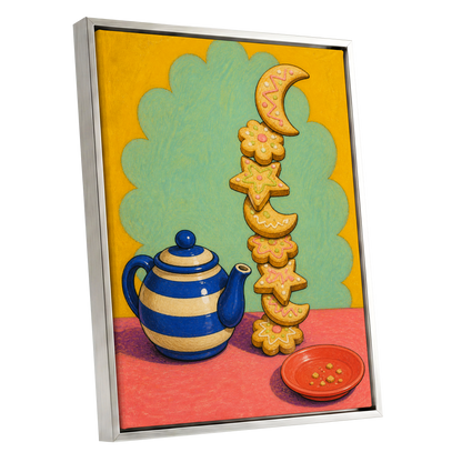 The Biscuit Balancing Act, yellow, green, blue abstract wall art shown as a silver framed canvas wall art