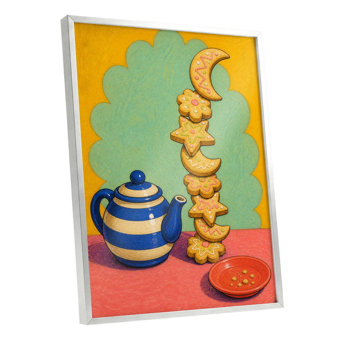 The Biscuit Balancing Act, yellow, green, blue abstract wall art shown as a silver framed poster wall art print