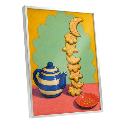 The Biscuit Balancing Act, yellow, green, blue abstract wall art shown as a silver framed poster wall art print