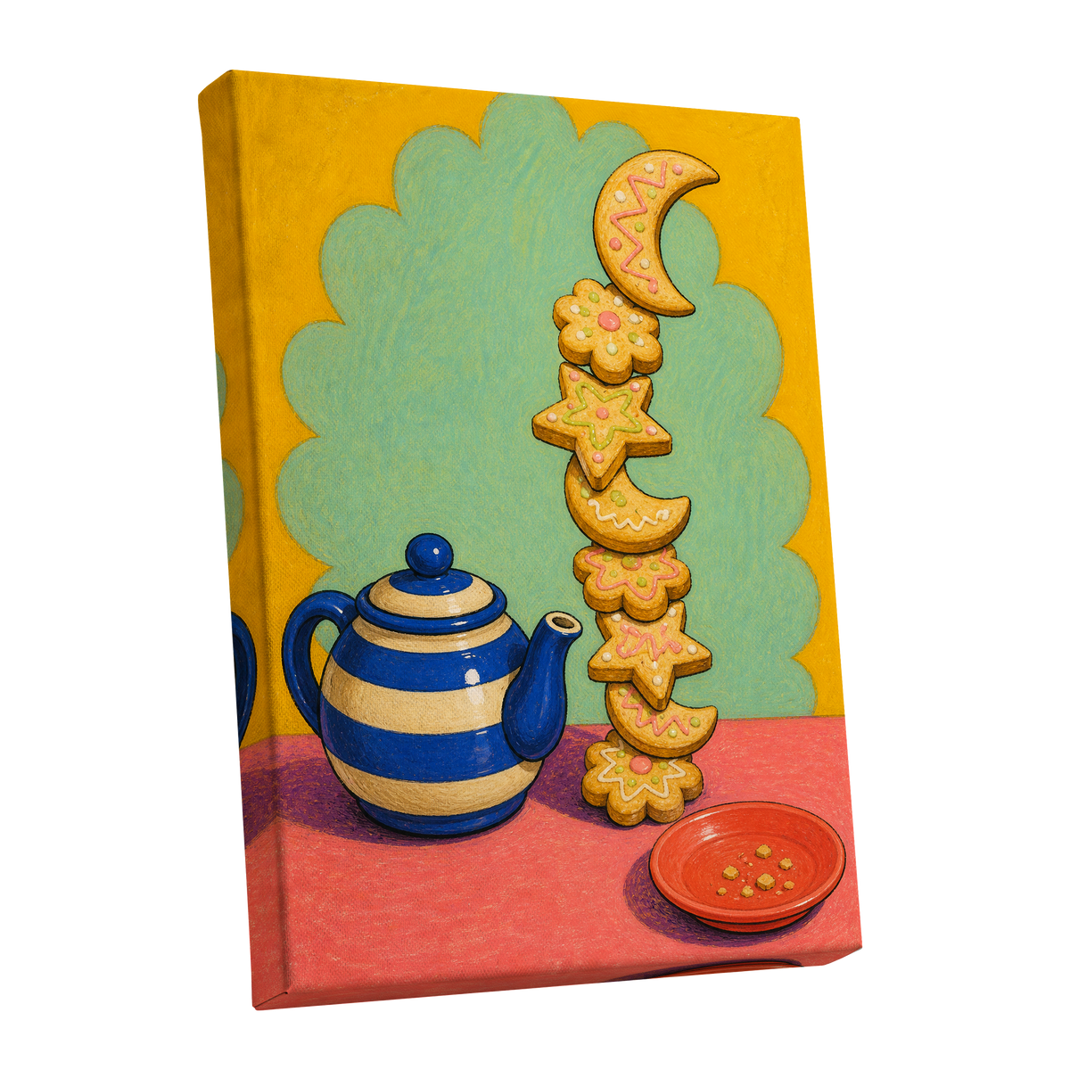 The Biscuit Balancing Act, yellow, green, blue abstract wall art shown as a stretched canvas wall art