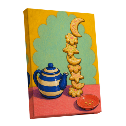 The Biscuit Balancing Act, yellow, green, blue abstract wall art shown as a stretched canvas wall art