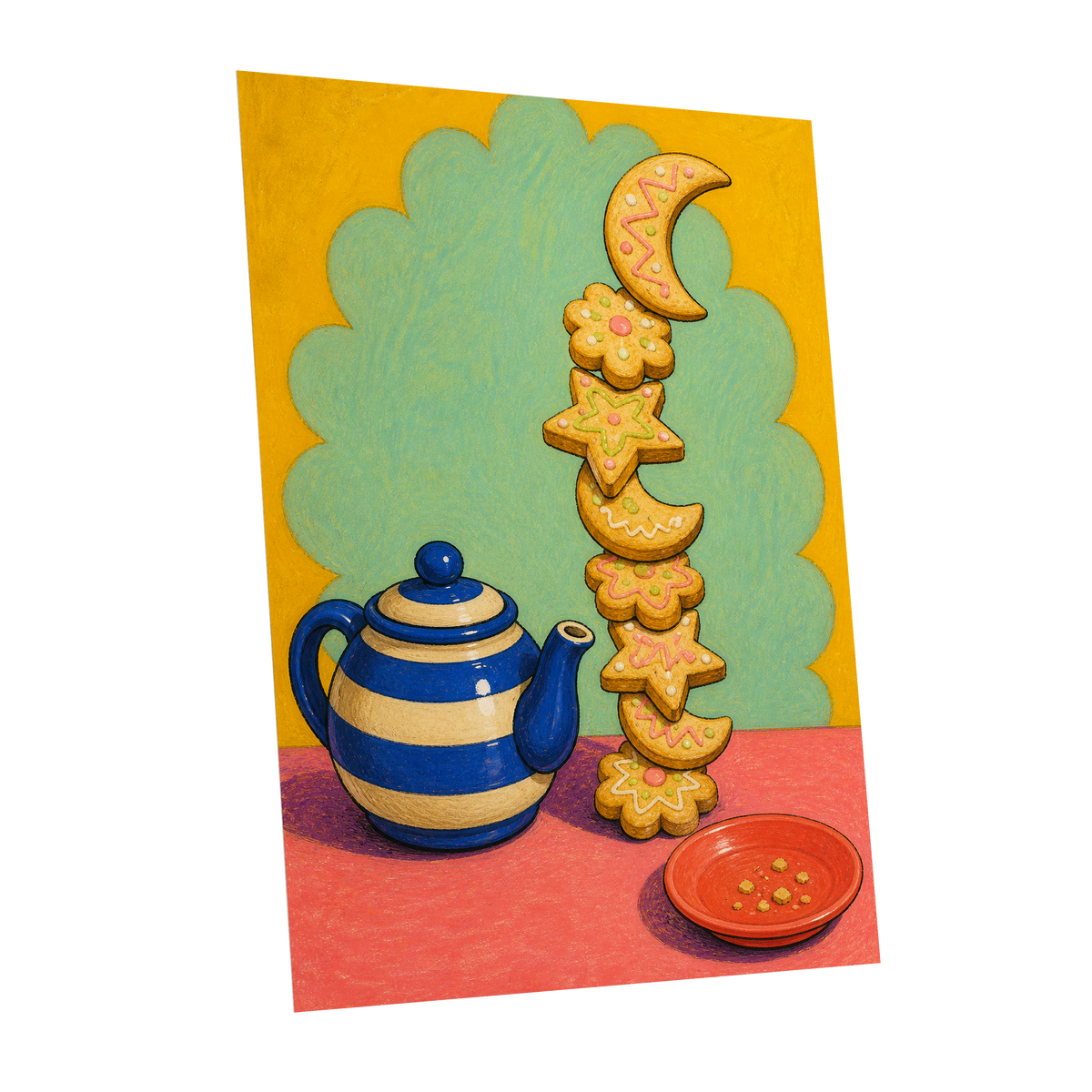 The Biscuit Balancing Act, yellow, green, blue abstract wall art shown as a unframed poster wall art print