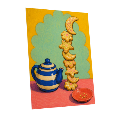 The Biscuit Balancing Act, yellow, green, blue abstract wall art shown as a unframed poster wall art print