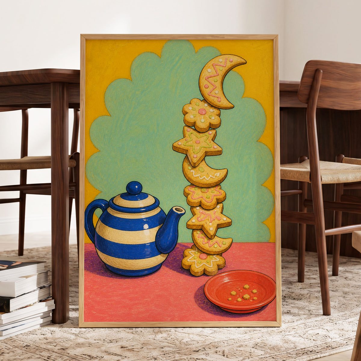 The Biscuit Balancing Act, yellow, green, blue abstract wall art displayed in a styled interior, gallery view 2