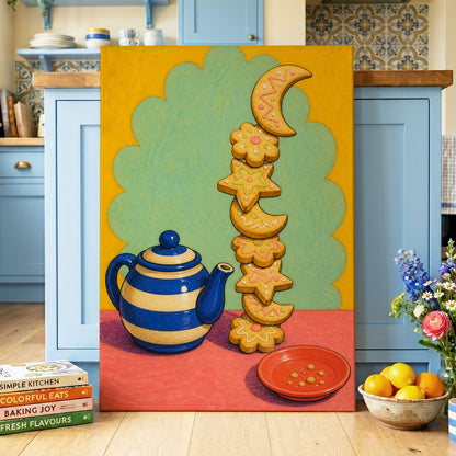 The Biscuit Balancing Act, yellow, green, blue abstract wall art displayed in a styled interior, gallery view 3