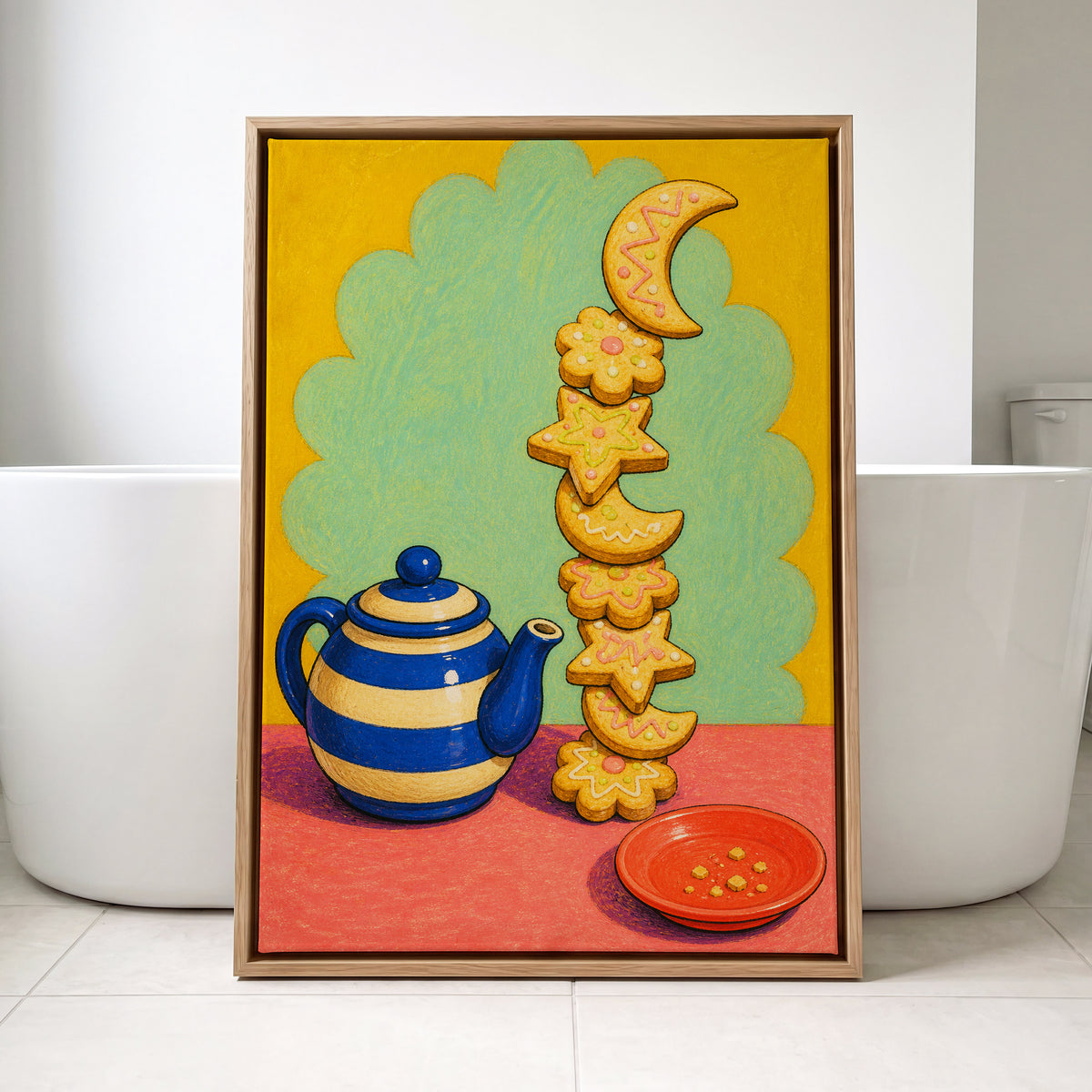 The Biscuit Balancing Act, yellow, green, blue abstract wall art displayed in a styled interior, gallery view 4