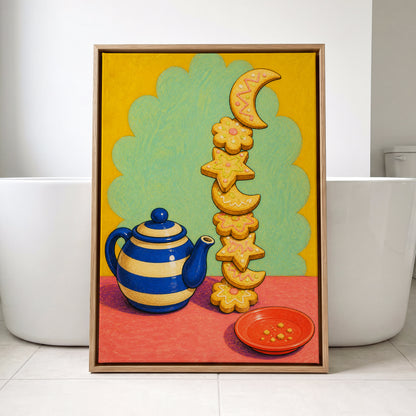 The Biscuit Balancing Act, yellow, green, blue abstract wall art displayed in a styled interior, gallery view 4