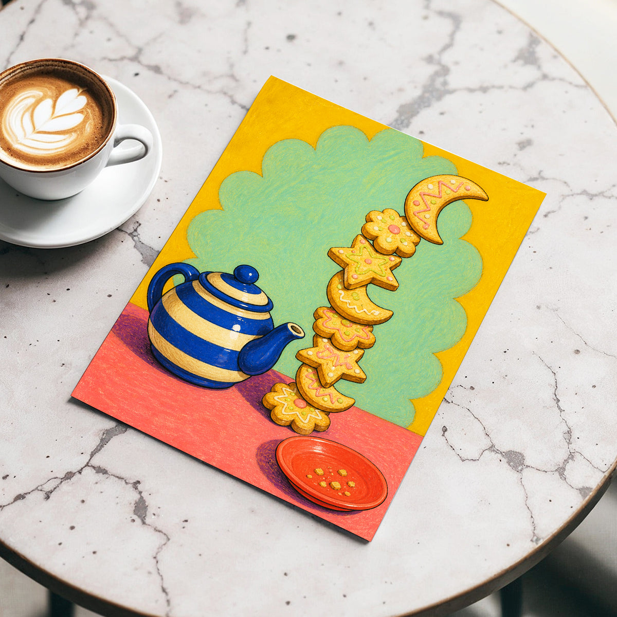 The Biscuit Balancing Act, yellow, green, blue abstract wall art displayed in a styled interior, gallery view 5