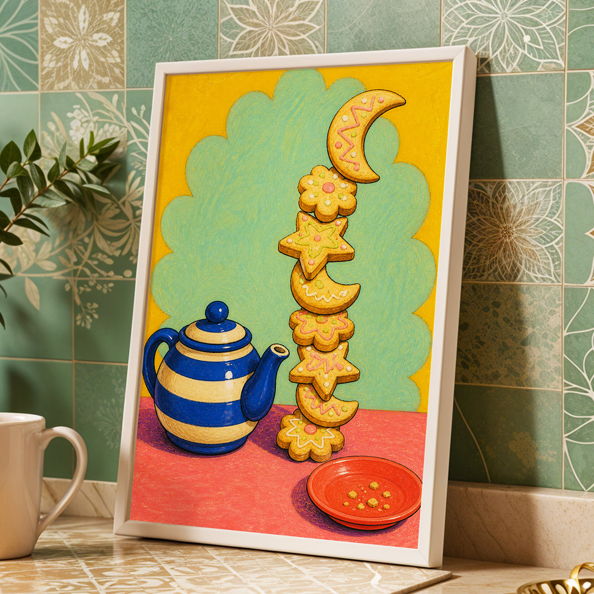 The Biscuit Balancing Act, yellow, green, blue abstract wall art displayed in a styled interior, gallery view 6