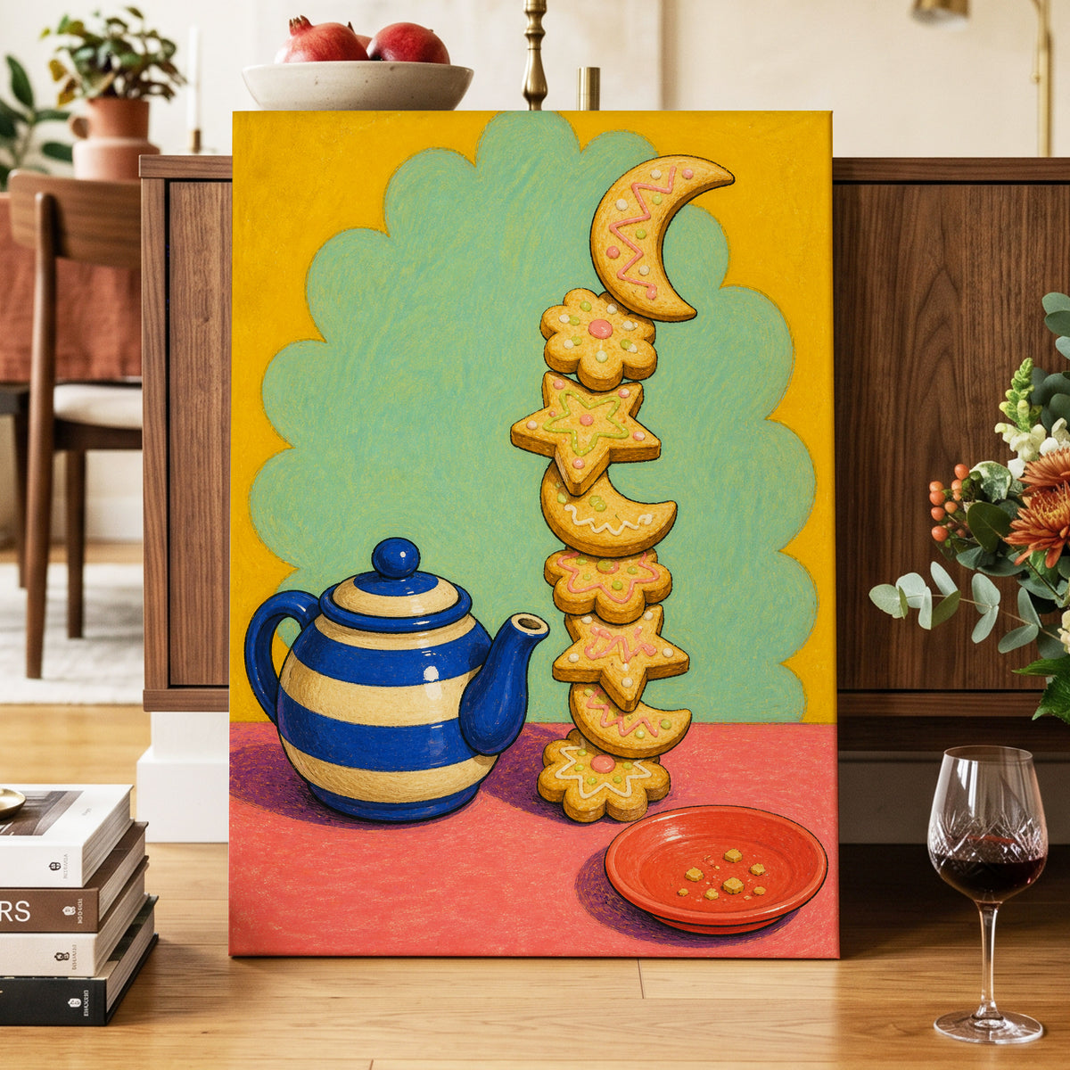 The Biscuit Balancing Act, yellow, green, blue abstract wall art displayed in a styled interior, gallery view 7