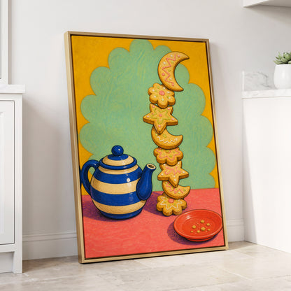 The Biscuit Balancing Act, yellow, green, blue abstract wall art displayed in a styled interior, gallery view 8