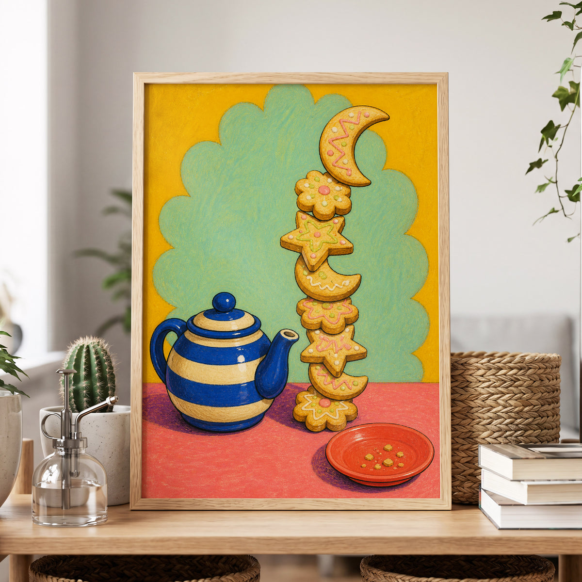 The Biscuit Balancing Act, yellow, green, blue abstract wall art displayed in a styled interior, gallery view 9