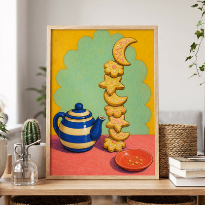 The Biscuit Balancing Act, yellow, green, blue abstract wall art displayed in a styled interior, gallery view 9