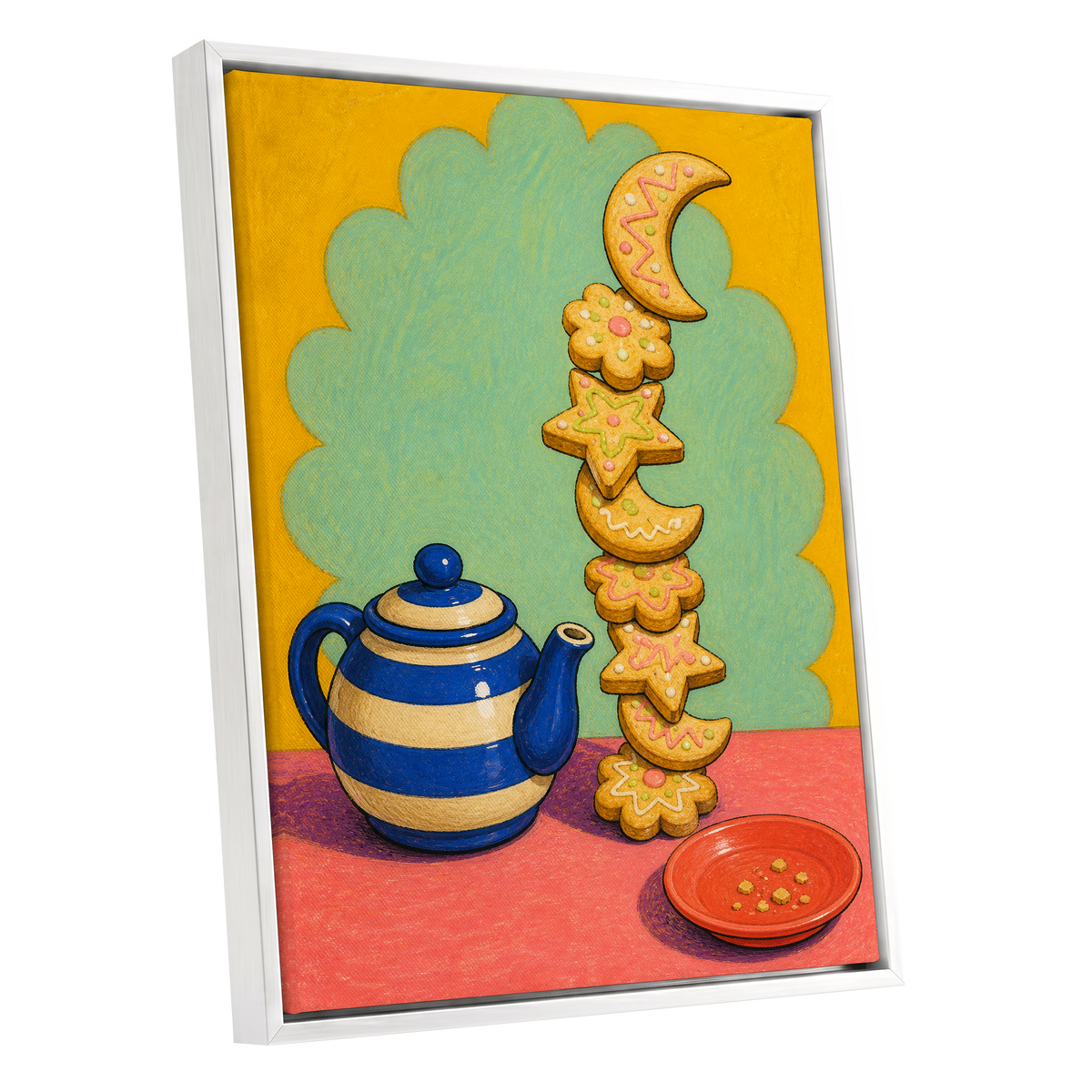 The Biscuit Balancing Act, yellow, green, blue abstract wall art shown as a white framed canvas wall art