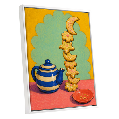 The Biscuit Balancing Act, yellow, green, blue abstract wall art shown as a white framed canvas wall art