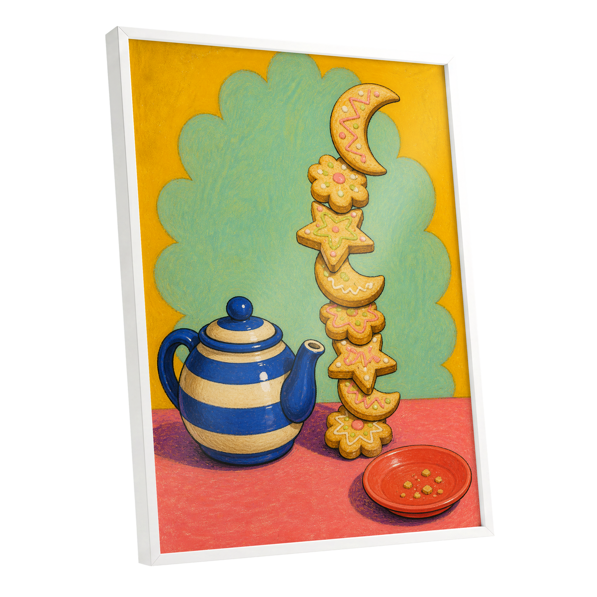 The Biscuit Balancing Act, yellow, green, blue abstract wall art shown as a white framed poster wall art print