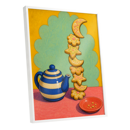 The Biscuit Balancing Act, yellow, green, blue abstract wall art shown as a white framed poster wall art print