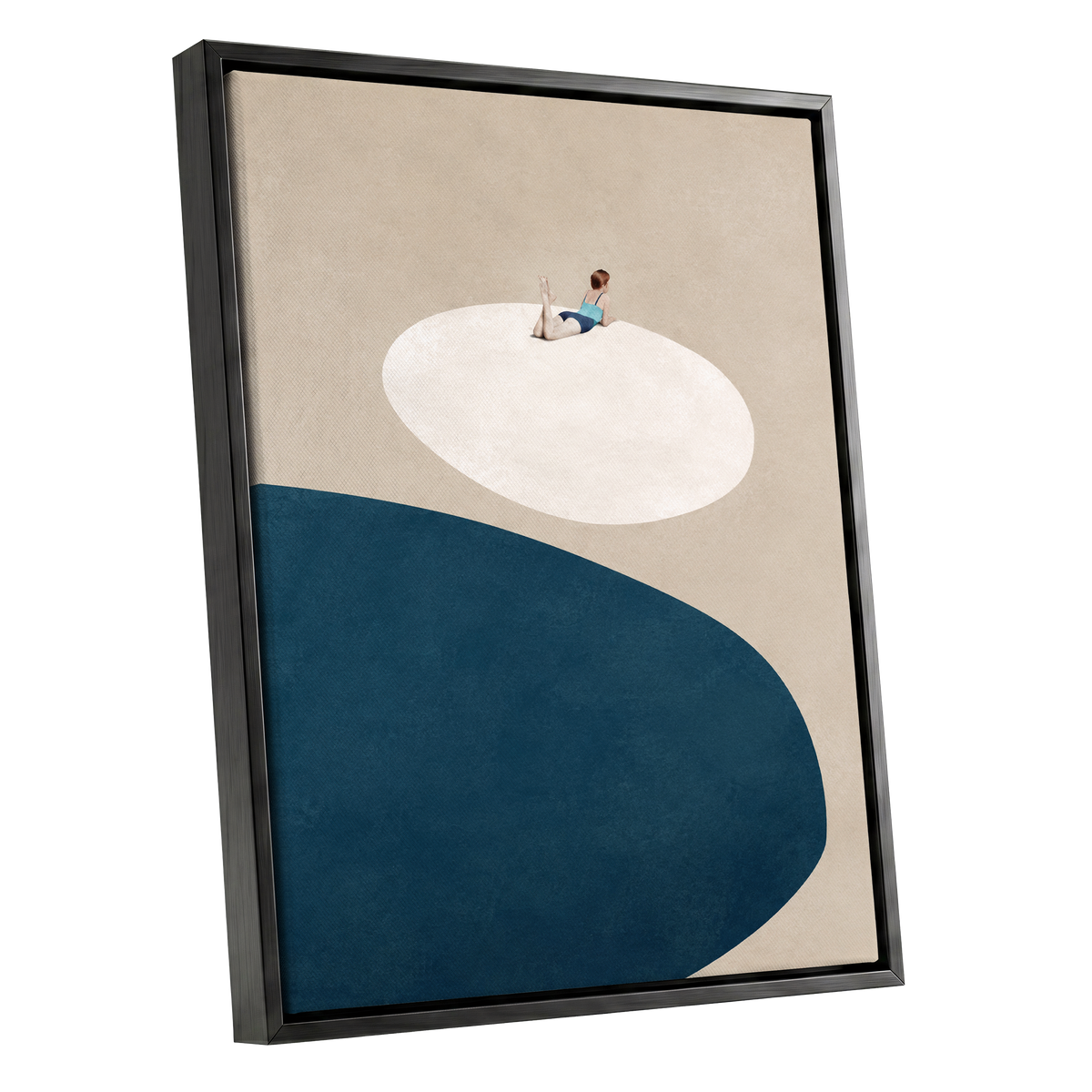 The Blue Pause, beige, blue, white minimalist wall art shown as a black framed canvas wall art