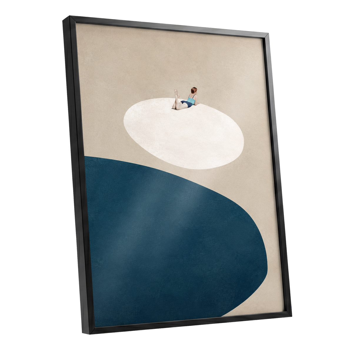 The Blue Pause, beige, blue, white minimalist wall art shown as a black framed poster wall art print