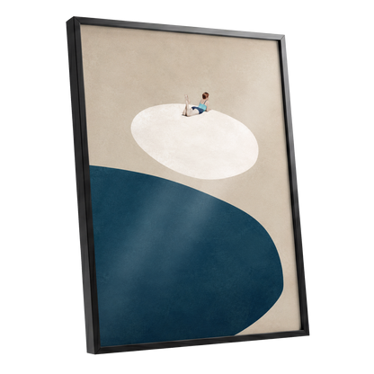 The Blue Pause, beige, blue, white minimalist wall art shown as a black framed poster wall art print