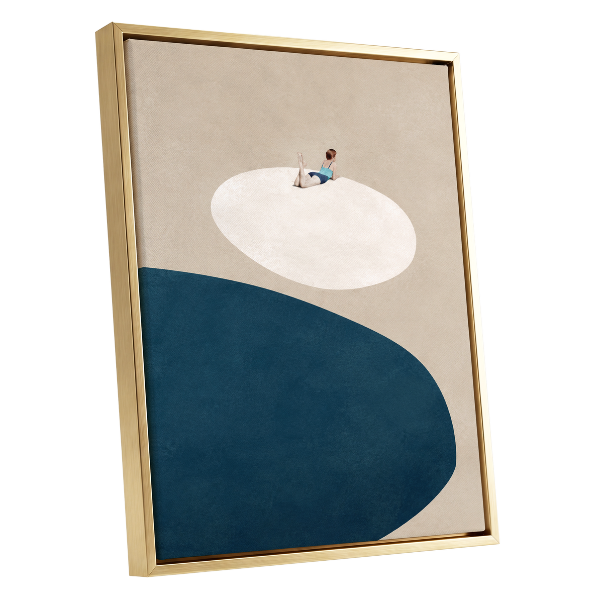 The Blue Pause, beige, blue, white minimalist wall art shown as a gold framed canvas wall art