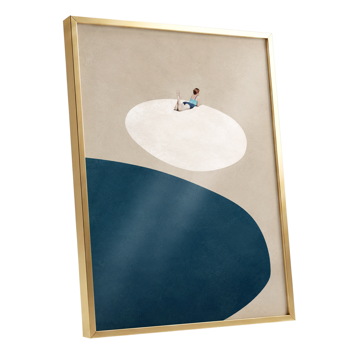 The Blue Pause, beige, blue, white minimalist wall art shown as a gold framed poster wall art print