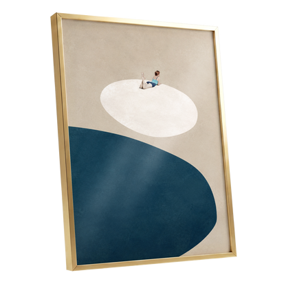 The Blue Pause, beige, blue, white minimalist wall art shown as a gold framed poster wall art print
