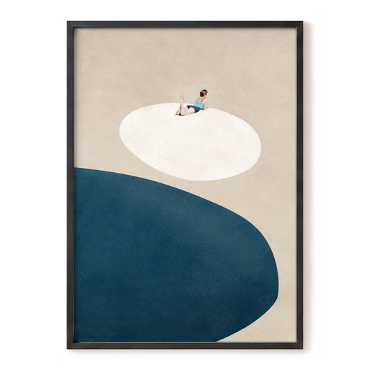 The Blue Pause, beige, blue, white minimalist wall art, front artwork view