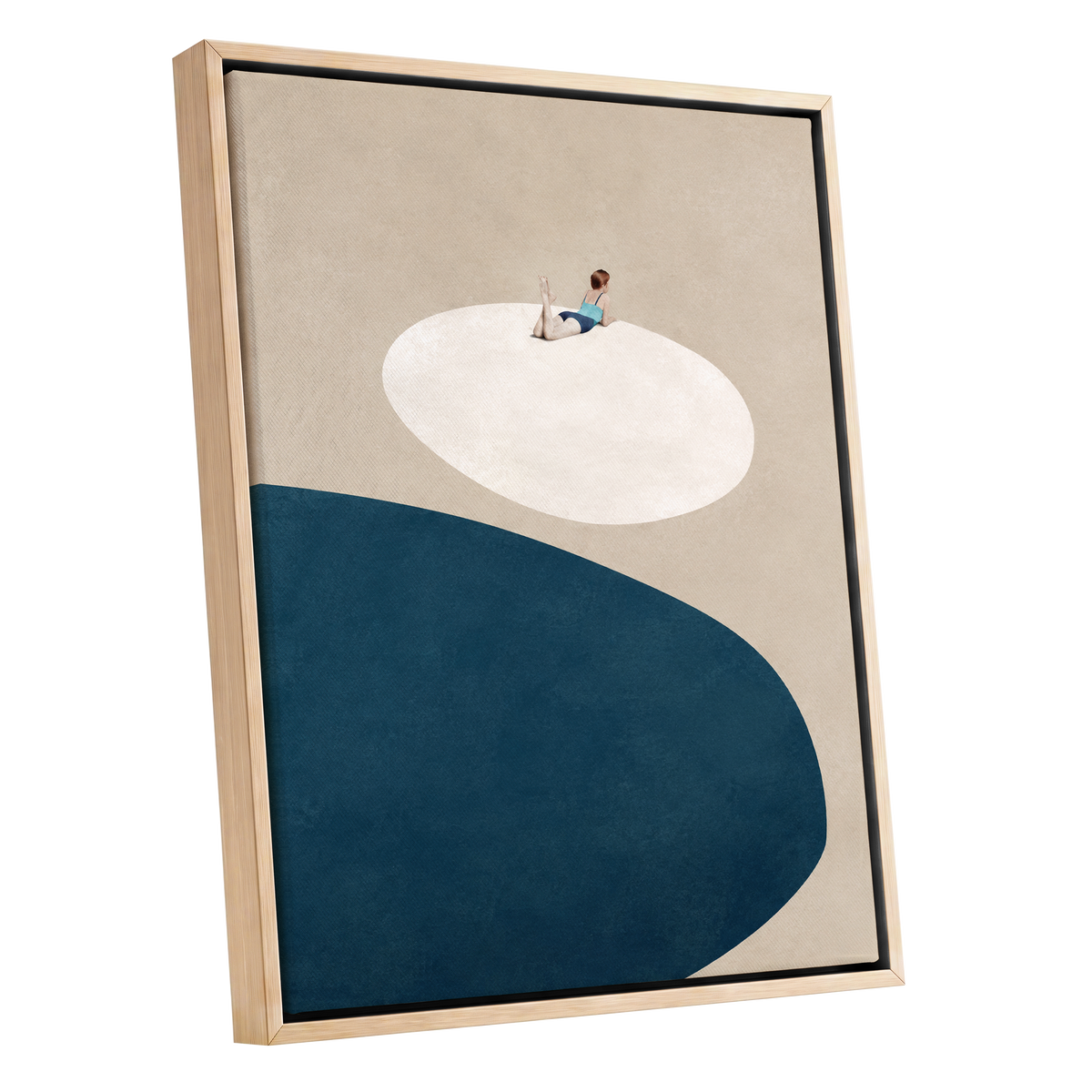 The Blue Pause, beige, blue, white minimalist wall art shown as a oak framed canvas wall art