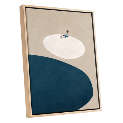 The Blue Pause, beige, blue, white minimalist wall art shown as a oak framed canvas wall art