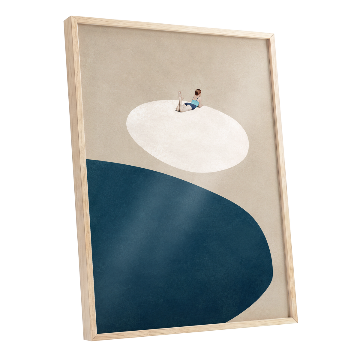 The Blue Pause, beige, blue, white minimalist wall art shown as a oak framed poster wall art print