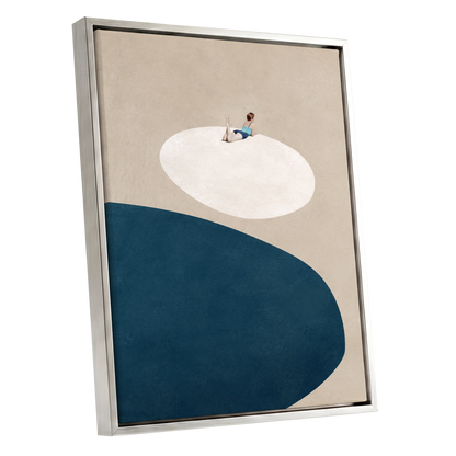 The Blue Pause, beige, blue, white minimalist wall art shown as a silver framed canvas wall art