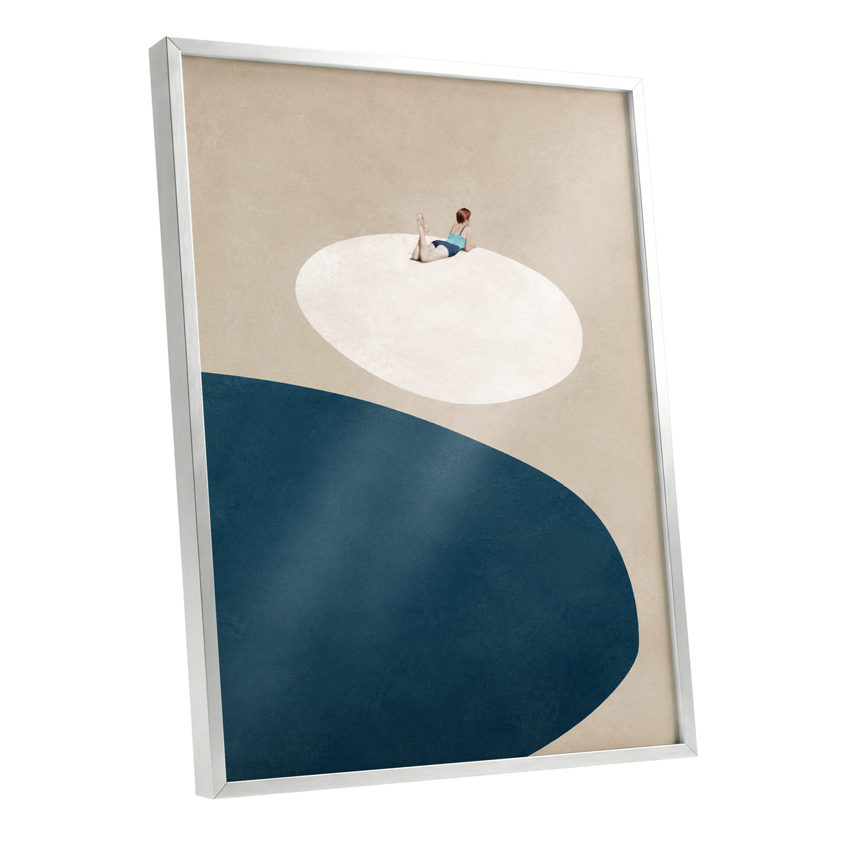 The Blue Pause, beige, blue, white minimalist wall art shown as a silver framed poster wall art print